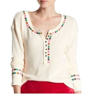 We The Free Cream Knit Top with colourful details and buttons down the front